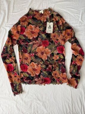 Easel Floral Print Mock Neck Long Sleeve Mesh Blouse Large NWT Boho Sheer Top L